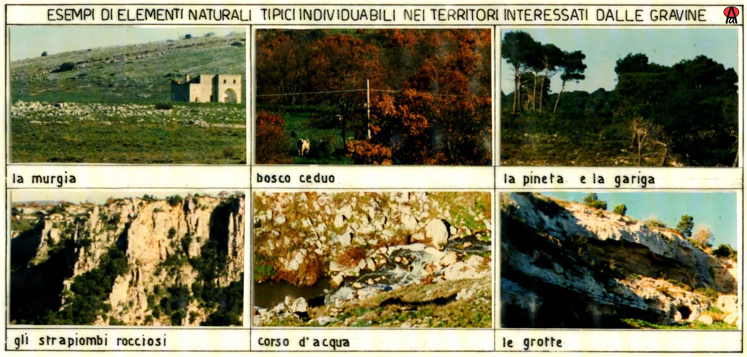Foto con esempi di elementi naturali tipici nei territori delle gravine